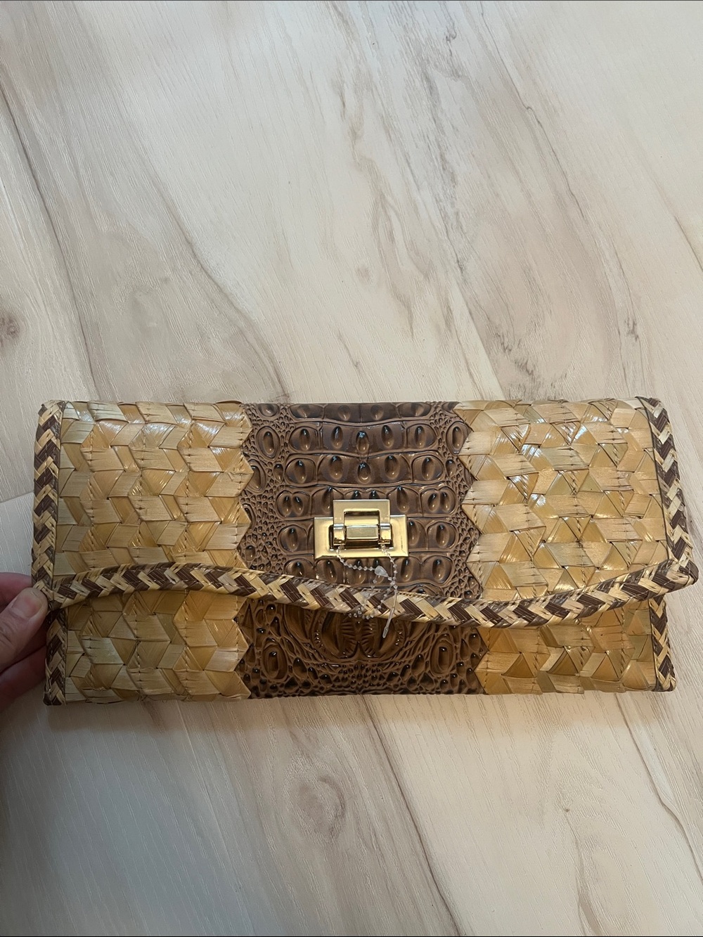 Woven Straw Clutch with Brown Accents and Gold Toggle - Women’s Wristlet